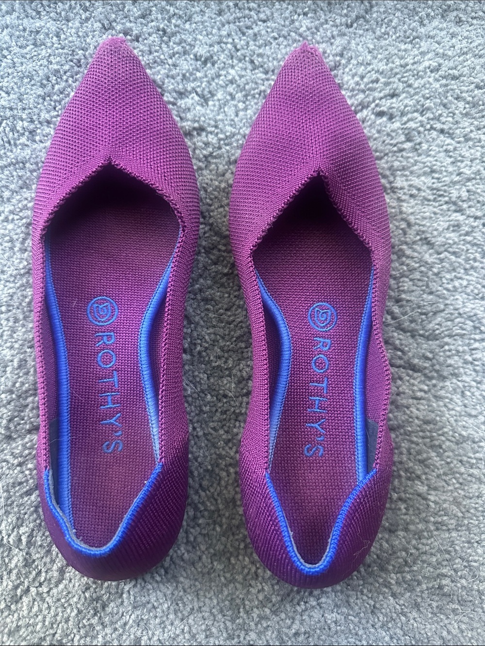 Rothy's Pointed Knit Flats in Purple with Blue Trim